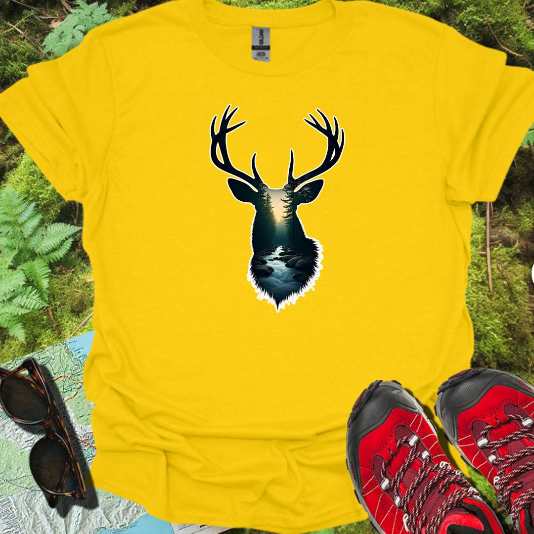 Deer double exposure bosbeek trendy T-shirt
