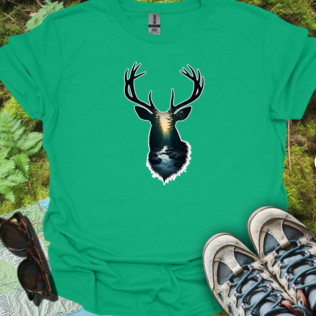 Deer double exposure bosbeek trendy T-shirt