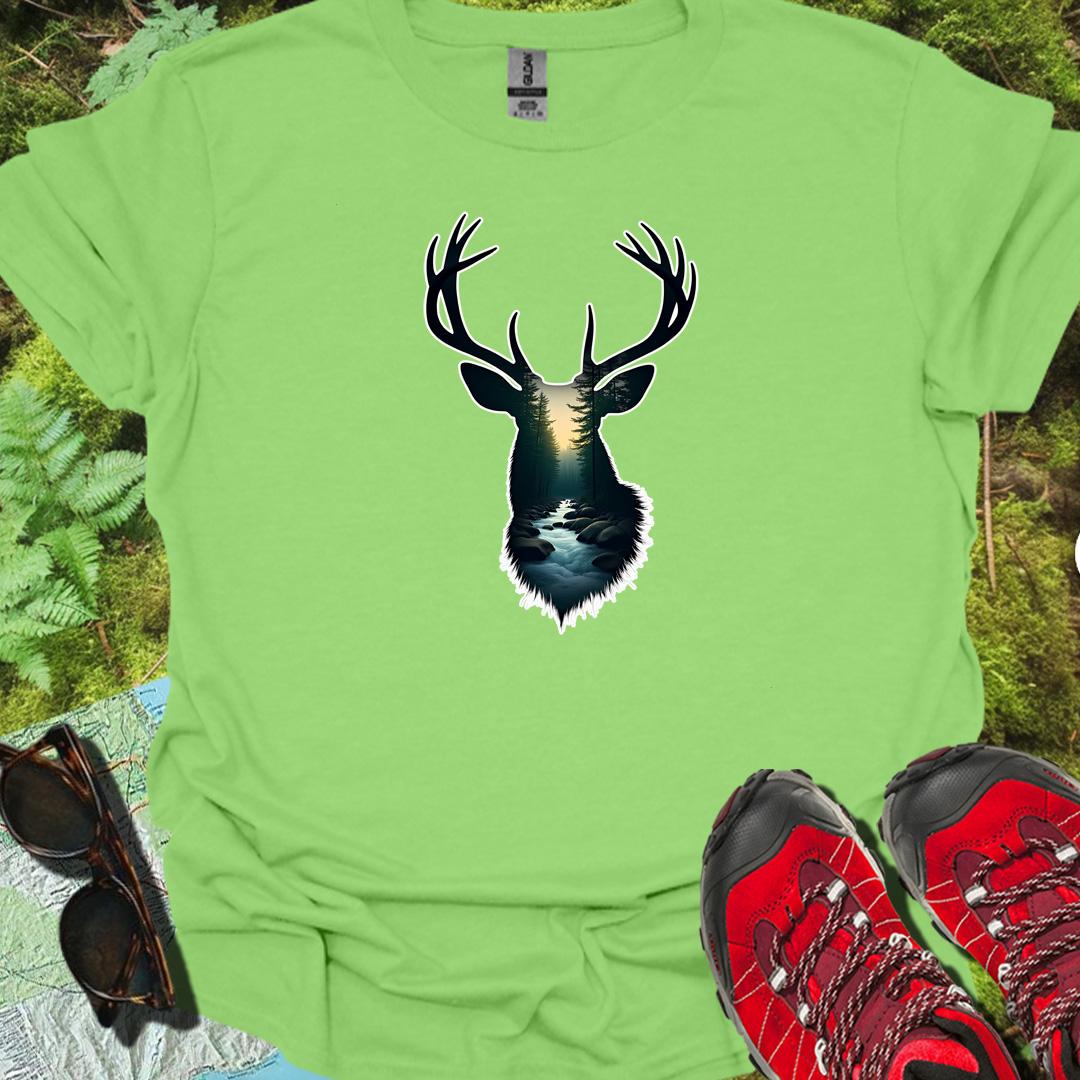 Deer double exposure bosbeek trendy T-shirt