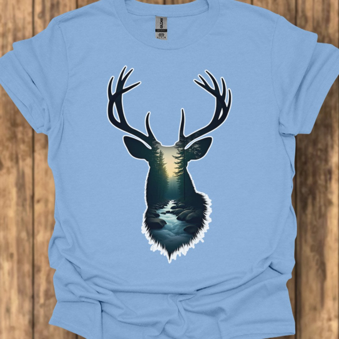 Hert double exposure bosbeek trendy T-shirt