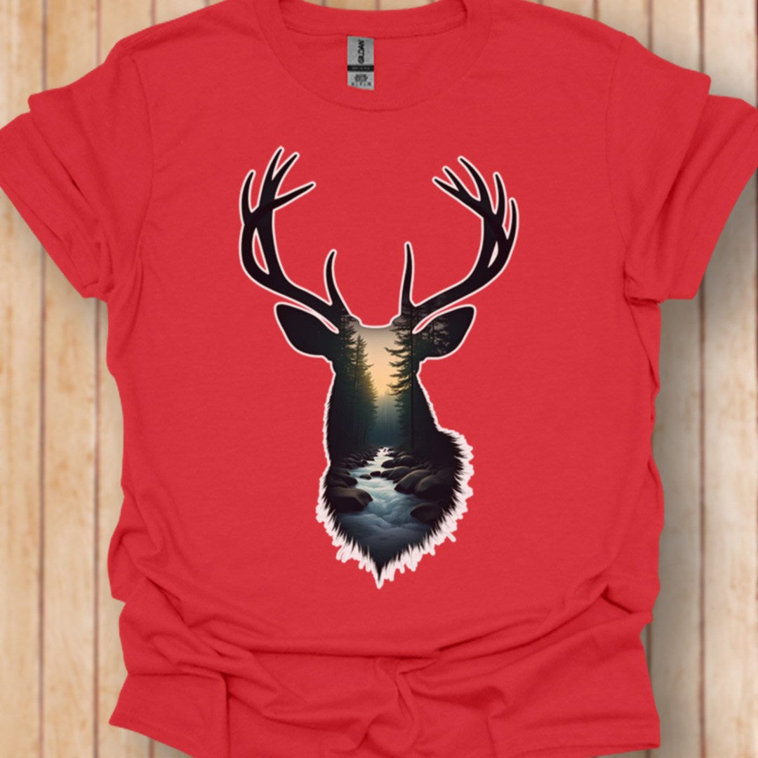 Hert double exposure bosbeek trendy T-shirt