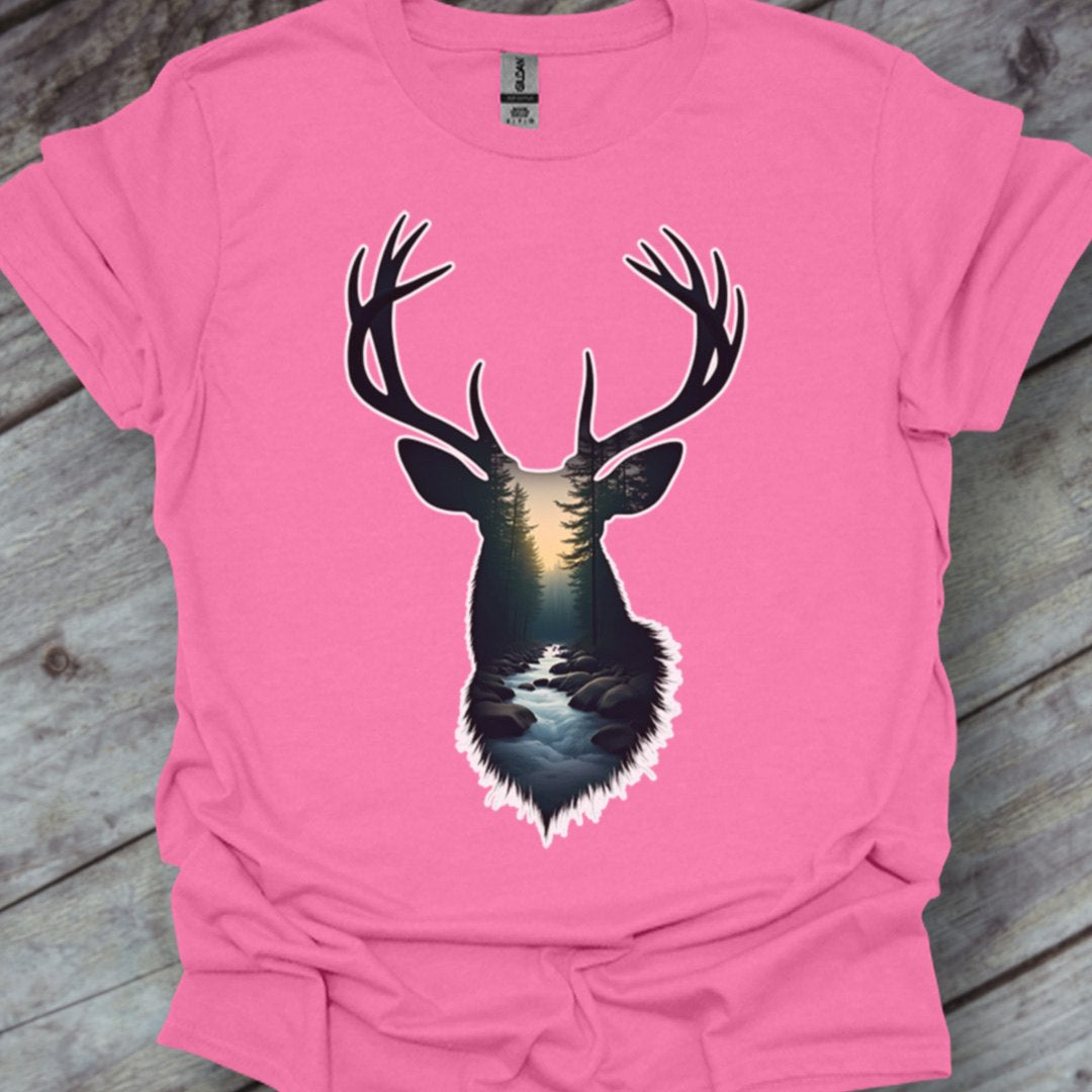Hert double exposure bosbeek trendy T-shirt