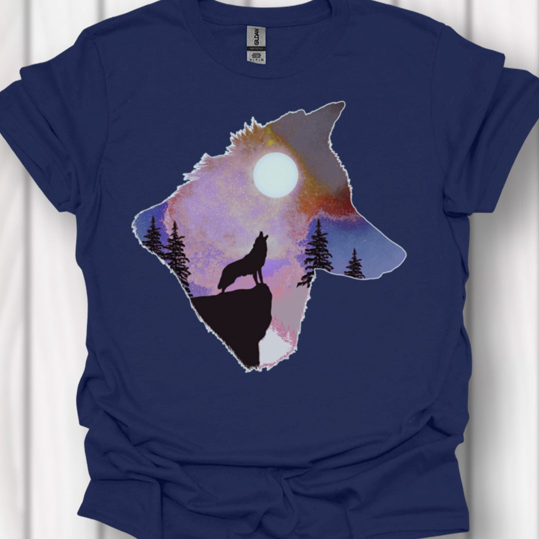 Wolf volle maan double exposure tijdloos T-shirt