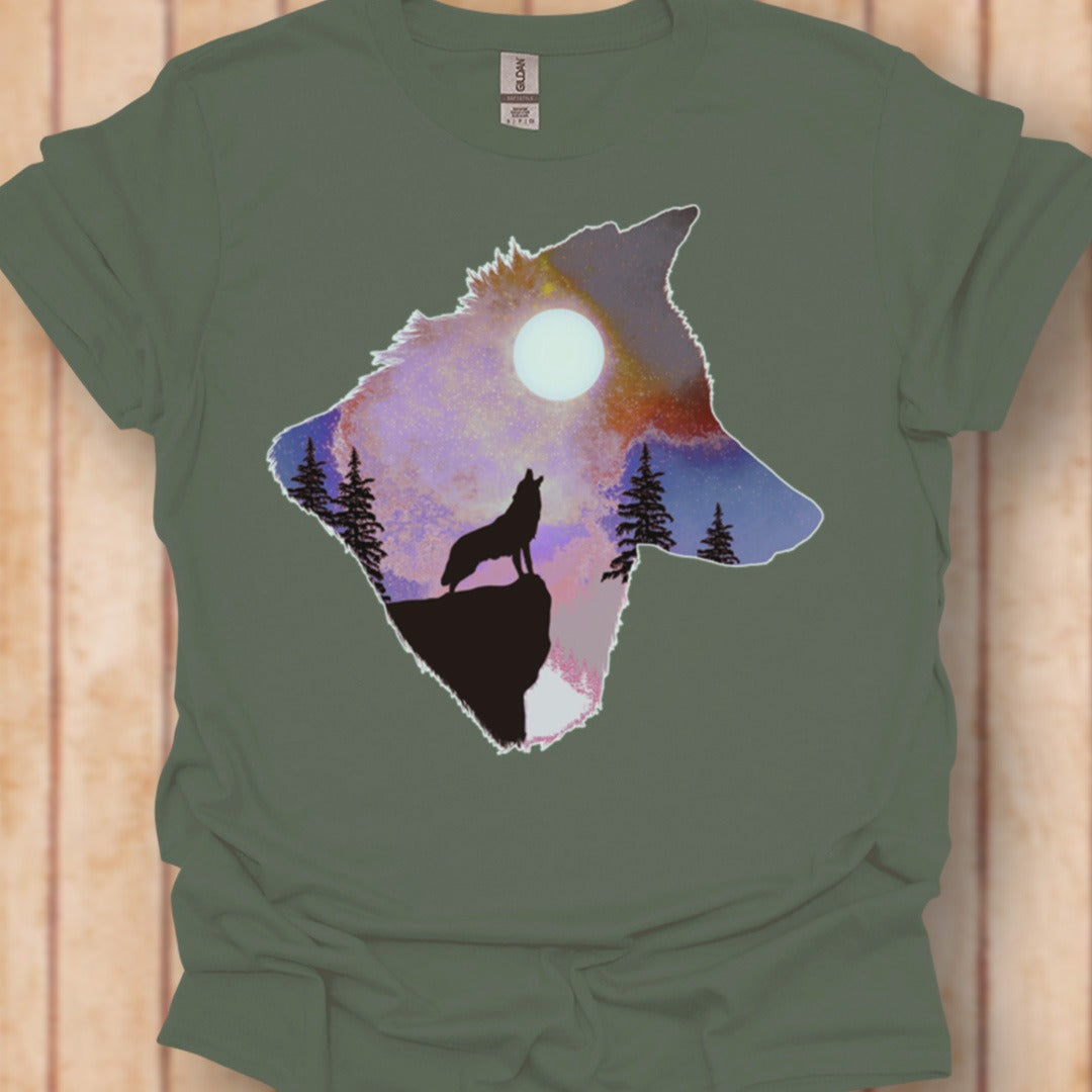 Wolf volle maan double exposure tijdloos T-shirt