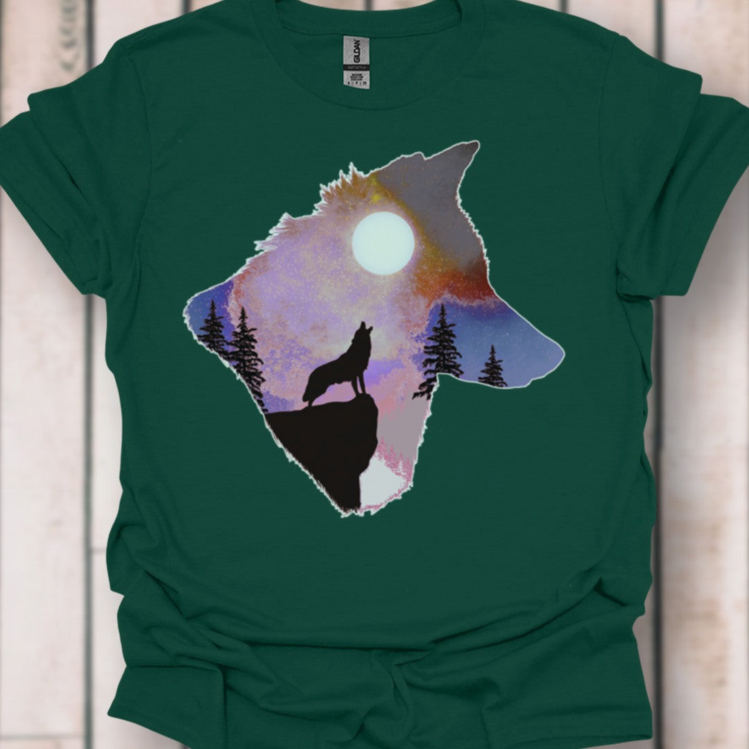 Wolf volle maan double exposure tijdloos T-shirt
