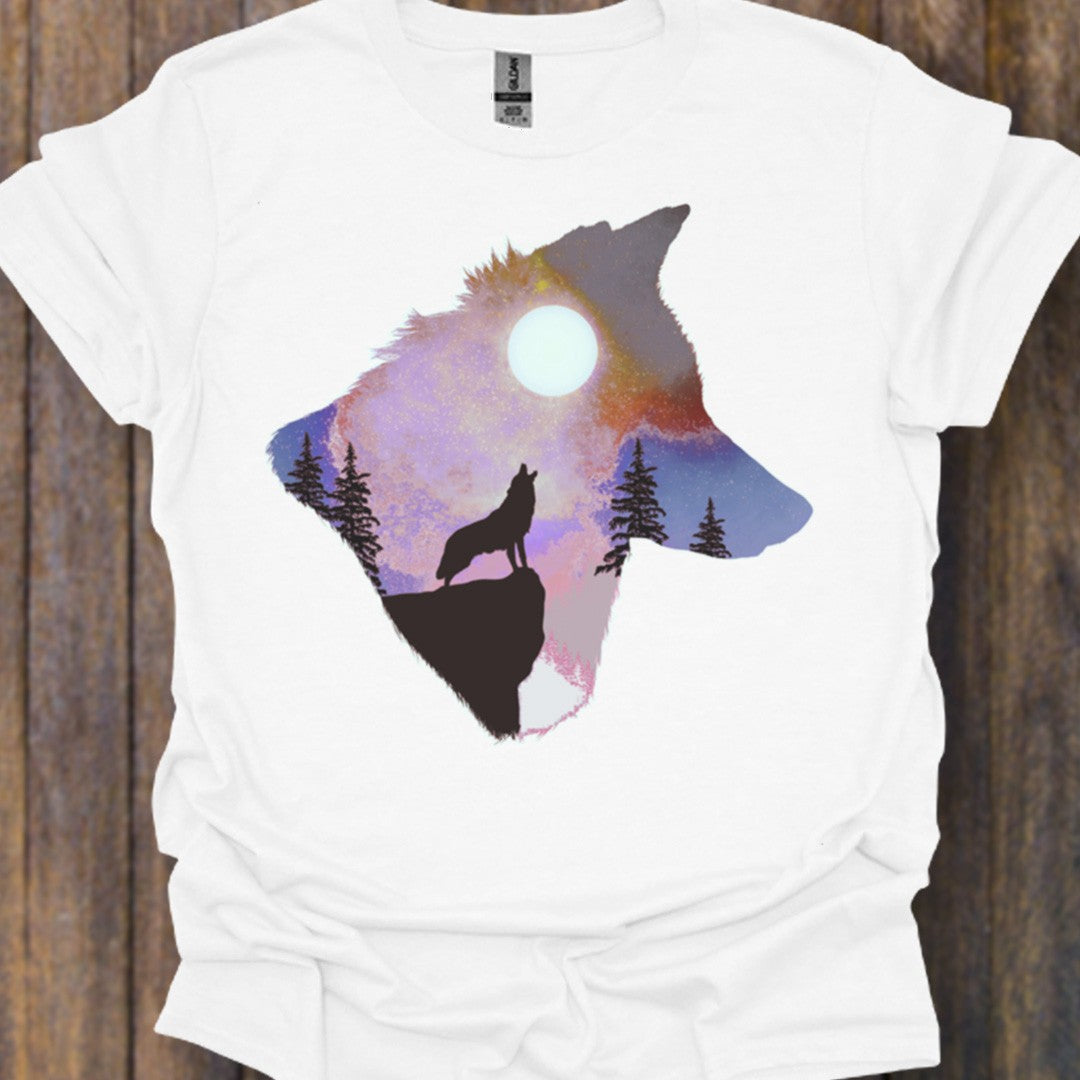 Wolf volle maan double exposure tijdloos T-shirt