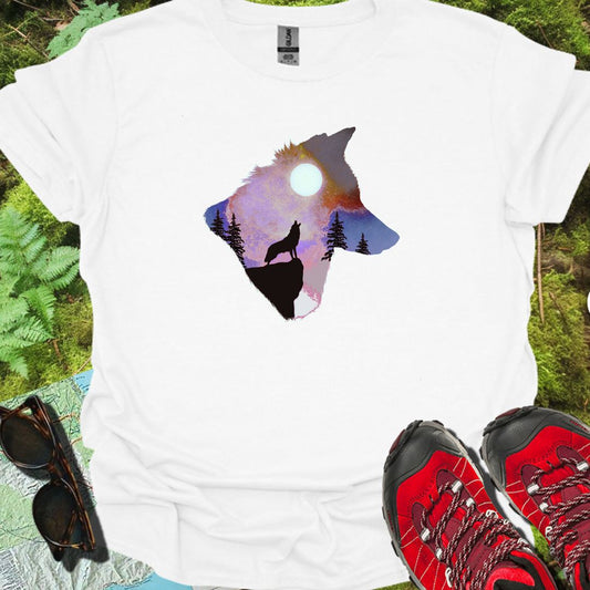 Loup pleine lune double exposition T-shirt intemporel 