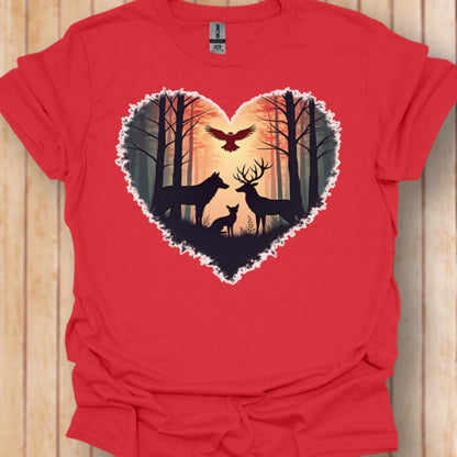 Forest animals with heart shape trendy T-shirt