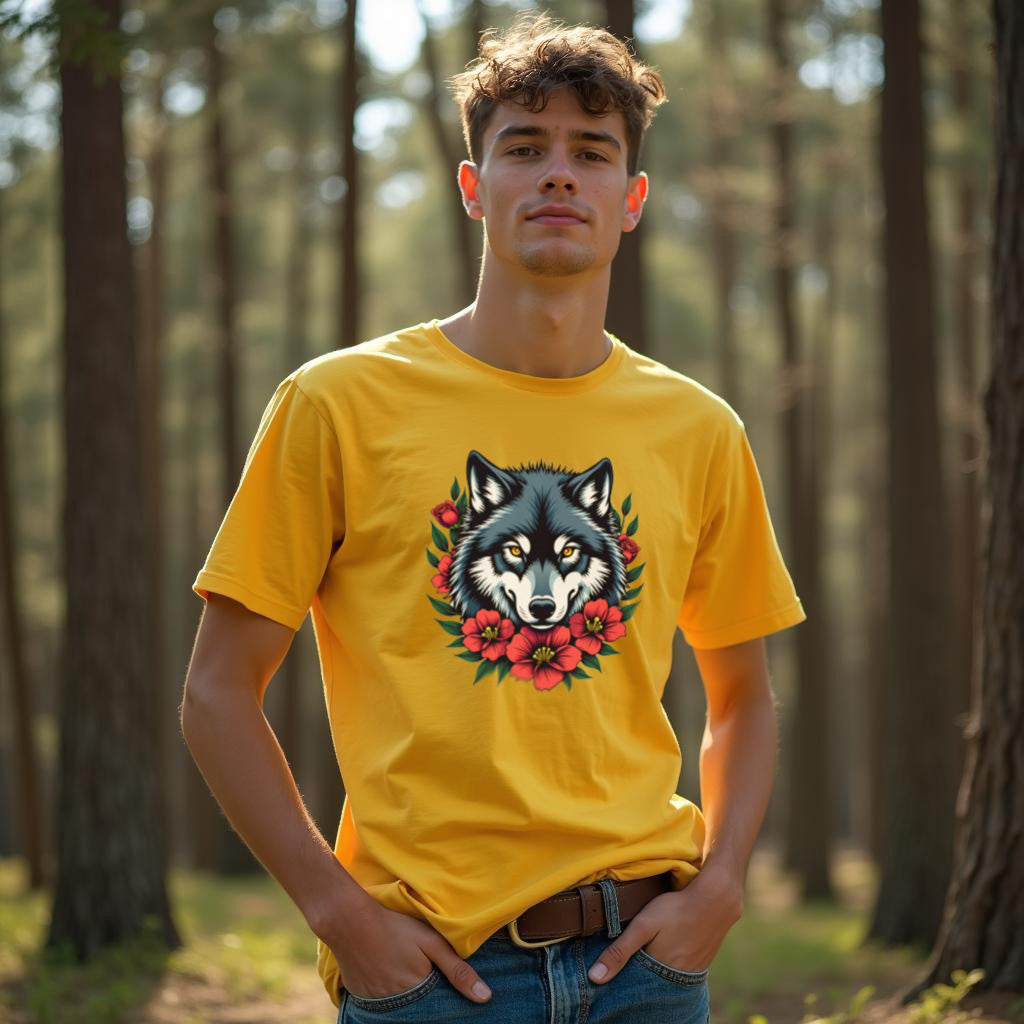 Loup fleurs rouge T-shirt tendance 